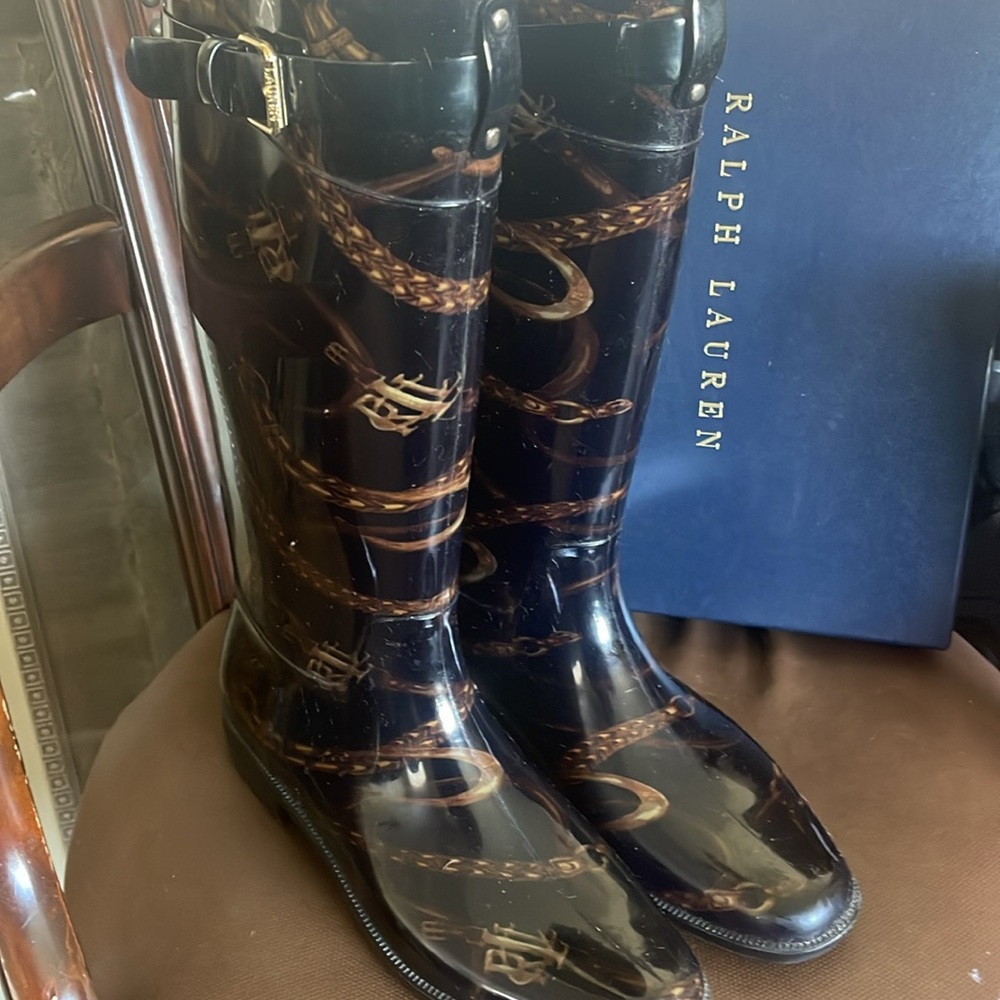Ralph Lauren Black and Brown Chain Print rain boots